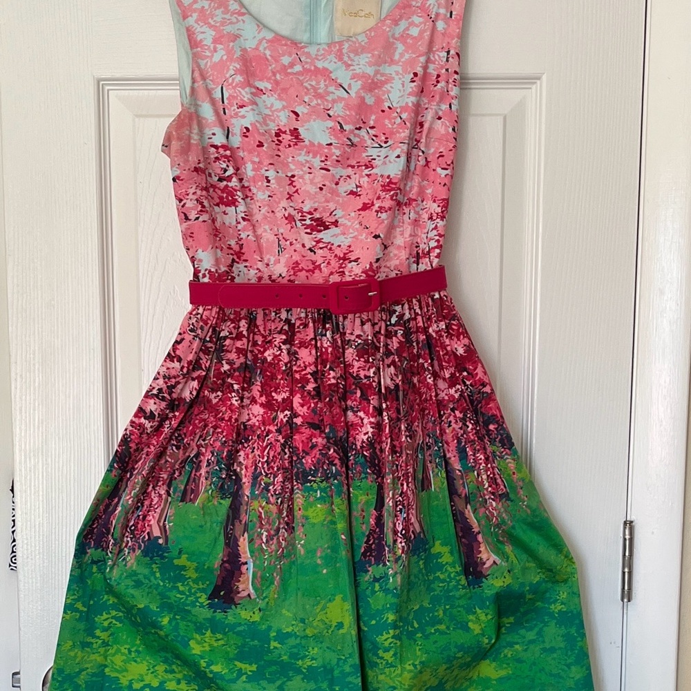 ModCloth Festive Frondescence dress Spring Cherry Blossom Trees pink greenMedium